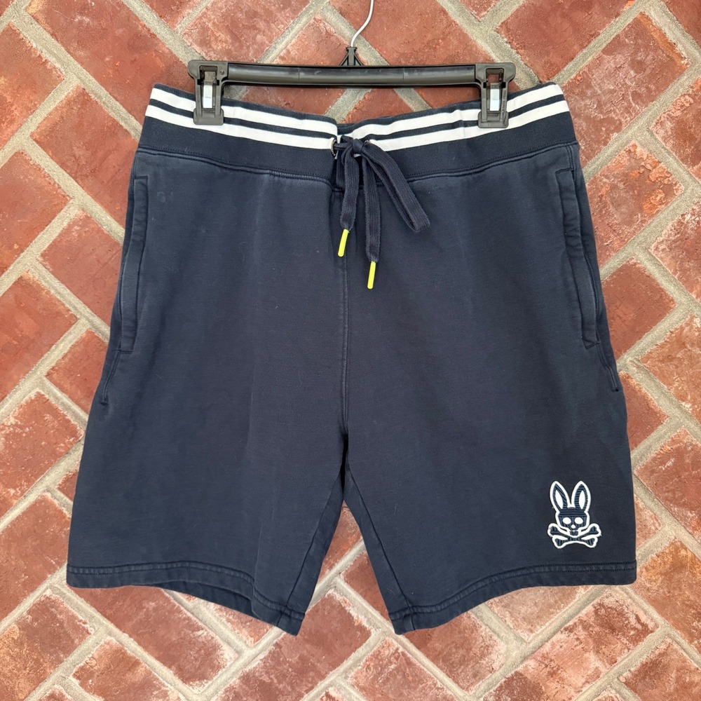 Psycho Bunny Sweat Shorts Mens M Navy Blue Striped Waistband Logo Drawstring